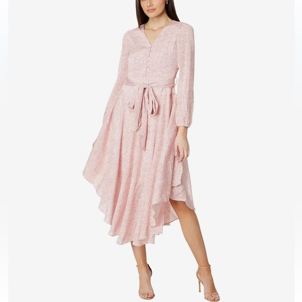 Vince Camuto Pink Long Sleeve V-Neck Tie-Waist Midi Dress
